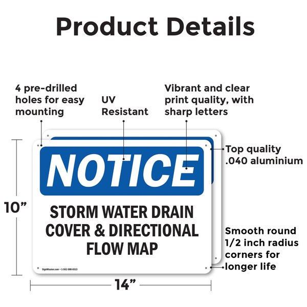 Storm Water Drain Cover & Directional Flow Map, 14 In W X Rectangle, Aluminum